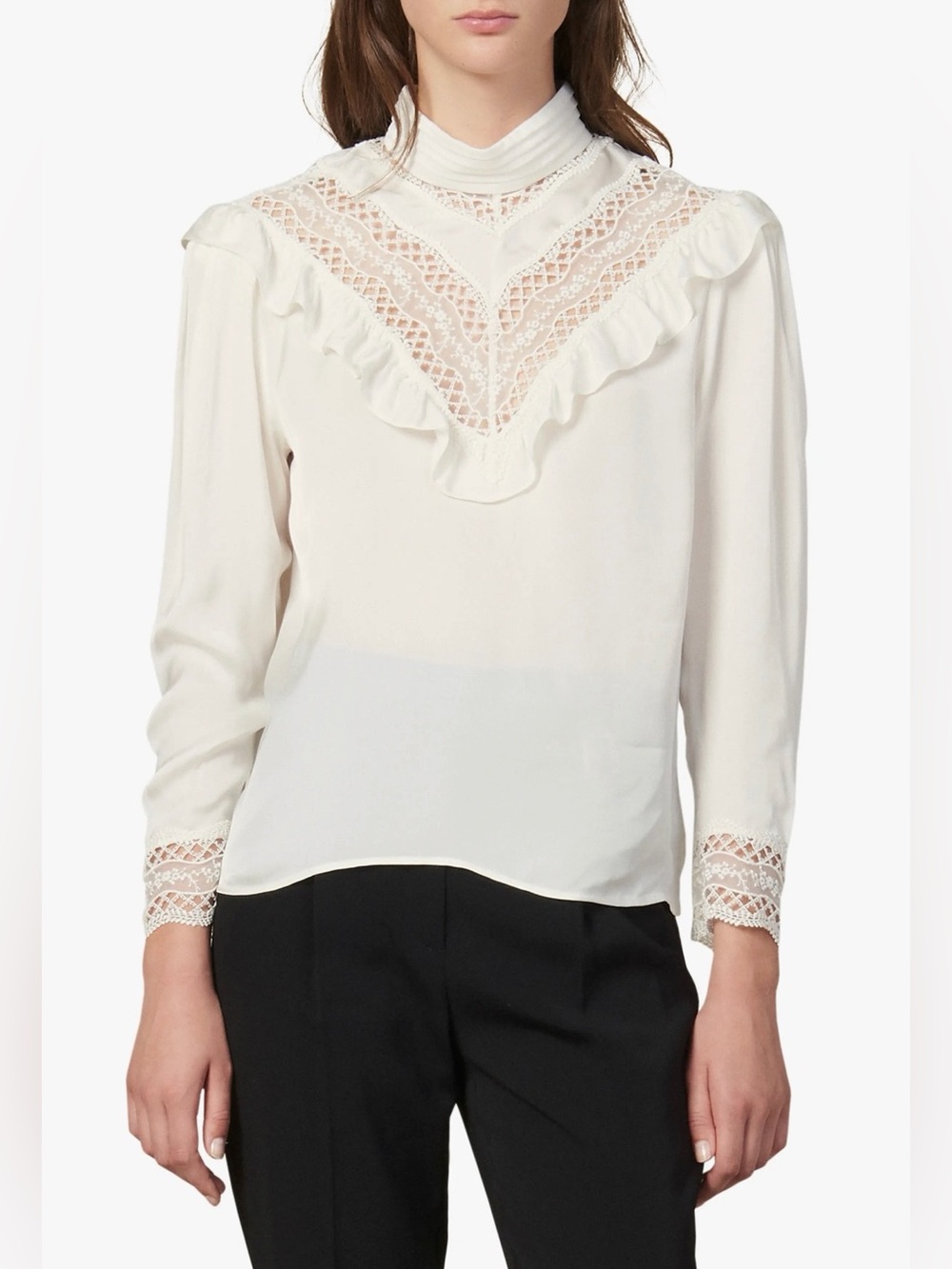 Sandro Jeane Lace Trim Long Sleeve Blouse Ruffle Floral Button Womens 2 Medium